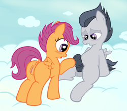 Size: 2383x2088 | Tagged: explicit, artist:an-tonio, artist:lord waite, scootaloo, anatomically correct, anus, balls, blushing, cloud, cloudy, colored, curious, female, foalcon, g4, high res, horsecock, imported from derpibooru, male, nudity, penis, ponut, reasonably sized genitals, rumble, sexual exploration, ship:rumbloo, shipping, show accurate, show accurate porn, straight, vaginal secretions, vulva, wingboner