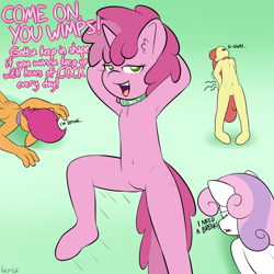 Size: 1000x1000 | Tagged: explicit, artist:lamia, apple bloom, scootaloo, sweetie belle, aftersex, anthro, armpits, breeding facility, collar, cutie mark crusaders, earth pony, foalcon, g4, hoof feet, imported from derpibooru, jaded pinch, lamia's foalcon breeding facility, nudity, ruby pinch, slut, unguligrade anthro, vulgar, vulva