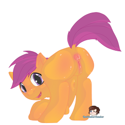 Size: 1280x1277 | Tagged: explicit, artist:pixiewillow, scootaloo, anus, ass up, belly button, butt, face down ass up, female, foalcon, g4, imported from derpibooru, looking at you, nudity, plot, ponut, presenting, solo, solo female, vagina