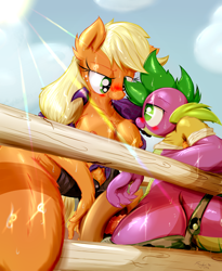 Size: 2256x2752 | Tagged: explicit, artist:frist44, applejack, spike, age difference, anthro, applebucking thighs, applejack's hat, bedroom eyes, breasts, clothes, dragon, duo, duo male and female, earth pony, exhibitionism, eye contact, female, fence, fluffy, foalcon, g4, hat, hat on dick, high res, imported from derpibooru, interspecies, male, nipples, nudity, older, older spike, overalls, penis, plaid, public nudity, ship:applespike, shipping, shirt lift, smiling, story included, straight, sun, sweat, thunder thighs, wide hips, wingless spike