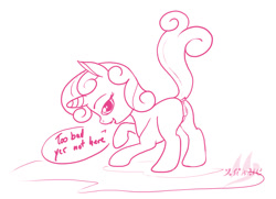 Size: 1206x872 | Tagged: explicit, artist:drake, sweetie belle, anatomically correct, anus, butt, female, filly, foal, foalcon, g4, horn, imported from derpibooru, nudity, plot, ponut, pony, presenting, solo, solo female, sweetie butt, talking to viewer, unicorn, vulva