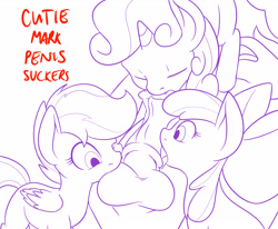Size: 3400x2800 | Tagged: explicit, artist:vulapa, apple bloom, scootaloo, sweetie belle, ball sucking, balls, blowjob, cmc foursome, cutie mark crusaders, female, foalcon, foursome, g4, group sex, high res, horsecock, imported from derpibooru, licking, licking cock, lineart, male, nudity, oral, penis, sex, stallion on filly, straight