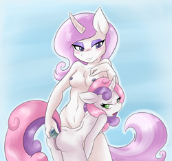 Size: 2017x1885 | Tagged: explicit, artist:ambris, sweetie belle, fanfic:you put what in where?!, age difference, anal insertion, anthro, anus, ass, bedroom eyes, belly button, blushing, breasts, butt, buttplug, chest fluff, colored pupils, crack shipping, dark genitals, delicious flat chest, dildo, fanfic art, female, filly, flatie belle, fleur-de-belle, fleur-de-lis, floppy ears, foal, foalcon, g4, hand, imported from derpibooru, insertion, jeweled buttplug, lesbian, looking back, mare, nipples, nudity, open mouth, pubic fluff, sex toy, shipping, size difference, smiling, sweetie butt, sweetielis, unicorn, vulva
