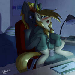 Size: 2000x2000 | Tagged: explicit, artist:silverfox057, oc, oc:shadowed ember, oc:silverblaze, clothes, crotch bulge, female, foalcon, genitals, high res, hoodie, horsecock, imported from derpibooru, indoors, male, nudity, oc only, penetration, penis, sex, straight, vaginal, vulva