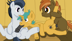 Size: 1280x720 | Tagged: explicit, artist:jbond, button mash, anal, balls, blowjob, colt, colt on colt, earth pony, foal, foalcon, g4, gay, horsecock, imported from derpibooru, male, nudity, oral, penetration, penis, pony, rumble, sex, sheath, sheathed, sitting, snails, spitroast, spread legs, spreading, trio, trio male, unicorn, vector