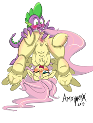 Size: 1170x1544 | Tagged: explicit, artist:amoniaco, fluttershy, spike, age difference, dragon, dragon on pony action, duo, duo male and female, female, foalcon, g4, happy sex, imported from derpibooru, interspecies, male, nudity, oral, pegasus, pony, ship:flutterspike, shipping, straight, underhoof, vagina, vaginal secretions, vulva, wingless spike