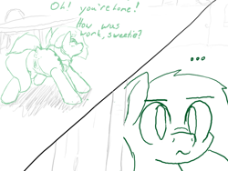 Size: 800x600 | Tagged: explicit, artist:storyteller, oc, oc:anon, ..., 2 panel comic, accident, anatomically correct, anus, casual, casual nudity, clitoris, comic, female, foalcon, imported from derpibooru, incest, male, monochrome, mother and child, mother and son, nudity, oc only, scrunchy face, shipping, straight, straight shota, table, vulva, vulvar winking