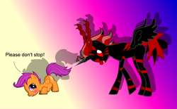 Size: 1059x657 | Tagged: questionable, scootaloo, abomination, alicorn, ass up, blushing, crying, face down ass up, female, foalcon, g4, grin, gritted teeth, imported from derpibooru, looking back, magic, op is a duck, parody, pony, pony creator, pony creator porn, stylistic suck