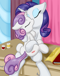 Size: 1190x1500 | Tagged: explicit, artist:fearingfun, rarity, sweetie belle, age difference, anus, butt kiss, duo, duo female, eyes closed, female, filly, floppy ears, foal, foalcon, g4, implied butt kissing, imported from derpibooru, incest, kiss mark, kiss on the lips, kissing, lesbian, mare, mare on filly, nudity, ponut, pony, raricest, ship:raribelle, sitting, unicorn, vaginal secretions