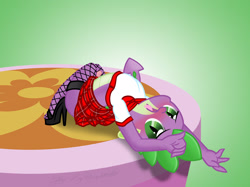 Size: 2263x1690 | Tagged: explicit, artist:pyruvate, artist:reduxdrawer8k, spike, comic:dragon queen, anthro, arched back, backbend, blushing, clothes, dragon, edit, femboy, femboy spike, fishnet stockings, foalcon, forked tongue, g4, girly, high heels, imported from derpibooru, legwear, male, nudity, on back, penis, reasonably sized genitals, school uniform, skirt, skirt boner, small penis, solo, solo male, spine, stage, stockings, stretching, thigh highs, tongue out