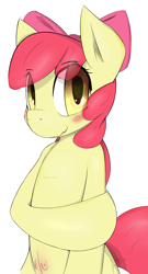 Size: 2789x5161 | Tagged: questionable, artist:majikplant420, apple bloom, crotchboobs, cute, earth pony, female, foalcon, g4, imported from derpibooru, nipples, nudity, pony, smiling, teats
