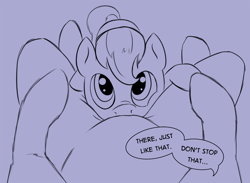 Size: 1200x876 | Tagged: explicit, artist:lowkey, rainbow dash, scootaloo, cunnilingus, dialogue, female, female pov, foalcon, g4, holding hooves, imported from derpibooru, lesbian, looking at you, mare on filly, monochrome, offscreen character, oral, pov, ship:scootadash, shipping