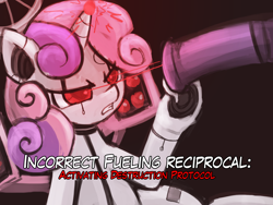 Size: 1920x1440 | Tagged: explicit, artist:lumineko, sweetie belle, angry, black background, cbt, cum, eye beams, female, filly, foal, foalcon, frown, g4, glare, glowing horn, hooves, horn, horsecock, imminent castration, imported from derpibooru, laser, missile, misspelling, nudity, penis, pony, precum, red eyes, robot, robot pony, rocket launcher, simple background, sweetie bot, teeth, text, this will end in death, this will end in pain, this will end in tears, this will end in tears and/or death, underhoof, unicorn, weapon