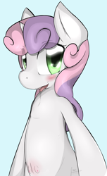 Size: 3284x5396 | Tagged: questionable, artist:majikplant420, sweetie belle, blushing, crotchboobs, drool, female, filly, foal, foalcon, g4, imported from derpibooru, nipples, nudity, open mouth, pony, sexy, simple background, solo, solo female, teal background, tongue out, unicorn