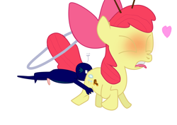 Size: 1052x744 | Tagged: explicit, apple bloom, oc, artist needed, blushing, canon x oc, cunnilingus, cutie pox, foalcon, g4, happy face, heart, imported from derpibooru, micro, nudity, oral, penis, tap dancing