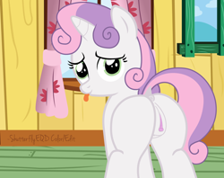 Size: 2630x2081 | Tagged: explicit, artist:an-tonio, artist:shutterflyeqd, sweetie belle, anatomically correct, anus, blank flank, butt, clitoris, cute, cute porn, dock, dripping, female, filly, flank, foal, foalcon, g4, heart clitoris, high res, imported from derpibooru, looking at you, looking back, nudity, plot, ponut, presenting, show accurate, show accurate porn, silly, solo, solo female, tongue out, vaginal secretions, vulva, vulvar winking
