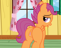 Size: 2630x2081 | Tagged: explicit, artist:an-tonio, artist:shutterflyeqd, scootaloo, anatomically correct, anus, bedroom eyes, butt, clitoris, dock, dripping, female, filly, flank, foal, foalcon, g4, heart clitoris, high res, imported from derpibooru, looking at you, looking back, nudity, plot, ponut, presenting, show accurate, show accurate porn, solo, solo female, vaginal secretions, vulva, vulvar winking, wingboner