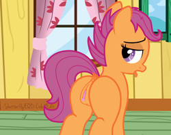 Size: 2630x2081 | Tagged: explicit, artist:an-tonio, artist:shutterflyeqd, scootaloo, anatomically correct, anus, bedroom eyes, butt, clitoris, dock, dripping, female, flank, foalcon, g4, heart clitoris, high res, imported from derpibooru, looking at you, looking back, nudity, plot, ponut, pony, presenting, show accurate, show accurate porn, solo, solo female, vaginal secretions, vulva, vulvar winking