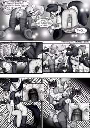 Size: 1860x2622 | Tagged: explicit, grimdark, artist:anibaruthecat, apple bloom, sweetie belle, comic:double trouble, ahegao, anthro, anus, baby doll, blushing, breasts, cake twins, clothes, comic, cosplay, crossdressing, delicious flat chest, dialogue, double trouble, earth pony, female, flatie belle, flattle bloom, foalcon, g4, hoof feet, horsecock, imported from derpibooru, legwear, mare do well, monochrome, nipples, nudity, partially undressed, penetration, penis, pound cake, pumpkin cake, rape, sex toy, strapon, superfilly, sweetie do well, thigh highs, vaginal, vaginal secretions
