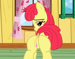 Size: 2630x2081 | Tagged: explicit, artist:an-tonio, artist:shutterflyeqd, apple bloom, anatomically correct, anus, bedroom eyes, blank flank, bloom butt, butt, clitoris, dock, dripping, earth pony, female, filly, flank, foal, foalcon, g4, heart clitoris, high res, imported from derpibooru, looking at you, looking back, nudity, plot, ponut, pony, presenting, show accurate, show accurate porn, signature, solo, solo female, vaginal secretions, vulva, vulvar winking