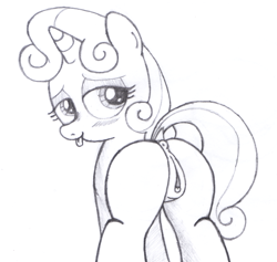 Size: 1778x1688 | Tagged: explicit, artist:an-tonio, sweetie belle, anatomically correct, anus, blushing, butt, clitoris, female, filly, foal, foalcon, g4, heart clitoris, imported from derpibooru, monochrome, nudity, plot, ponut, solo, solo female, tongue out, traditional art, vulva
