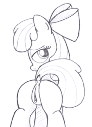 Size: 1540x2117 | Tagged: explicit, artist:an-tonio, apple bloom, anatomically correct, anus, bloom butt, butt, clitoris, dock, female, foalcon, g4, heart clitoris, imported from derpibooru, looking at you, monochrome, nudity, plot, ponut, raised tail, sketch, solo, solo female, vulva, vulvar winking