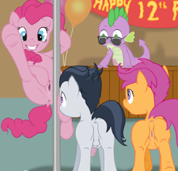 Size: 900x864 | Tagged: explicit, artist:multiverseequine, pinkie pie, scootaloo, spike, age difference, anatomically incorrect, anus, balloon, balls, butt, clitoris, dock, dragon, earth pony, erection, eyes on the prize, female, foalcon, frog (hoof), g4, grin, imminent sex, imported from derpibooru, lesbian, looking at butt, nudity, pegasus, penis, plot, pony, precum, presenting, presenting pussy, puckered asshole, reasonably sized genitals, rumble, ship:pinkiespike, ship:rumbloo, ship:scootapie, ship:scootaspike, shipping, smiling, spread legs, spread pussy, spreading, straight, stripper pole, sunglasses, tail, underhoof, vaginal secretions, vulva, vulvar winking, wingless spike