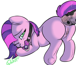 Size: 1000x855 | Tagged: explicit, artist:lildooks, oc, oc:show stopper, age difference, anal, anal secretions, dummy, female, filly, foal, foalcon, horsecock, imported from derpibooru, male, nudity, oc only, pacifier, pacifier gag, penetration, penis, pony, stallion, stallion on filly, straight, underhoof, vaginal secretions, wink