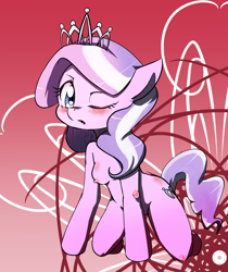 Size: 1280x1526 | Tagged: questionable, artist:yajima, diamond tiara, anthro, arm hooves, blushing, breasts, earth pony, female, foalcon, g4, imported from derpibooru, nipples, nudity, semi-anthro, solo, solo female, wink