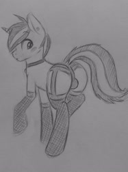 Size: 1918x2560 | Tagged: questionable, artist:subimaru_kai, oc, oc:snowy, blank flank, clothes, colt, crossdressing, crotch bulge, earring, fishnet clothing, fishnet stockings, foal, foalcon, garter belt, imported from derpibooru, legwear, male, monochrome, mooseknuckle, oc only, panties, solo, solo male, stockings, thigh highs, traditional art, trap, underwear