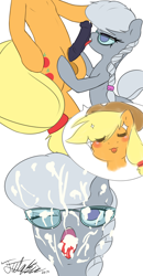 Size: 1200x2300 | Tagged: explicit, artist:tomotaku, applejack, silver spoon, blowjob, blushing, bukkake, crack shipping, cum, cum on glasses, facial, foalcon, futa, futa applejack, futa on female, g4, glasses, imported from derpibooru, intersex, nudity, oral, penis, spoonjack