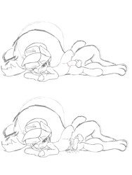 Size: 3000x4000 | Tagged: explicit, artist:lemon, oc, oc:pinch hitter, 2 panel comic, aftersex, balls, band-aid, baseball cap, blushing, canine penis, comic, creampie, cum, diamond dog, diamond dog on filly action, diamond dog on pony action, female, filly, foal, foalcon, hat, imported from derpibooru, interspecies, knot, male, monochrome, nudity, oc only, on side, penetration, penis, reasonably sized genitals, sex, size difference, straight, vaginal, wip
