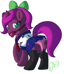Size: 700x804 | Tagged: explicit, artist:lildooks, oc, oc:sparkle star, butt, cameltoe, clothes, ear fluff, female, filly, foal, foalcon, gag, hair bow, imported from derpibooru, legwear, looking at you, looking back, looking back at you, oc only, pacifier, pacifier gag, panties, plot, raised tail, school uniform, simple background, skirt, solo, solo female, stockings, tail, tail aside, thigh highs, torn clothes, underwear, upskirt
