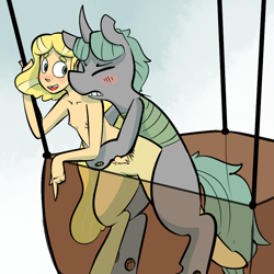 Size: 900x900 | Tagged: explicit, artist:whydomenhavenipples, oc, oc:fruit flank, oc:halley yard, breasts, changeling, changeling oc, cyoa, foalcon, gap teeth, green changeling, hot air balloon, imported from derpibooru, nipples, nudity, oc only, satyr, shooting stars cyoa, tooth gap