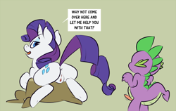 Size: 800x506 | Tagged: explicit, artist:ponchuzn, rarity, spike, age difference, anus, dialogue, dragon, duo, duo male and female, female, foalcon, g4, green background, horn, imported from derpibooru, interspecies, male, nudity, penis, pony, ship:sparity, shipping, simple background, straight, straight shota, unicorn, vagina, wingless spike
