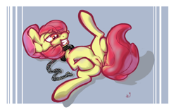 Size: 1920x1200 | Tagged: explicit, artist:sharpy, apple bloom, collar, female, foalcon, g4, imported from derpibooru, nudity, solo, solo female, vulva