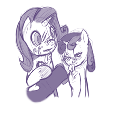 Size: 1280x1280 | Tagged: explicit, artist:florecentmoo, rarity, sweetie belle, bukkake, cum, cum on tongue, disembodied penis, facial, female, foalcon, g4, heart, hoofjob, horsecock, imported from derpibooru, incest, lil miss rarity, male, nudity, orgasm, penis, sharing, siblings, sisters, straight