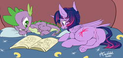 Size: 1800x856 | Tagged: explicit, artist:hellticket, spike, twilight sparkle, age difference, alicorn, anus, bed, bedroom eyes, blushing, book, butt, dock, dragon, eyes on the prize, female, foalcon, g4, hemipenis, hoofing, imported from derpibooru, male, mare, masturbating together, masturbation, nudity, on side, penis, plot, pony, prone, pseudoincest, raised leg, reading, sex education, ship:twispike, shipping, smiling, straight, underhoof, vulva, watching, wingless spike