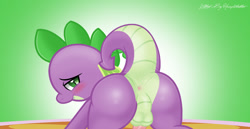 Size: 1390x720 | Tagged: explicit, artist:pyruvate, artist:reduxdrawer8k, spike, comic:dragon queen, anus, ass, balls, blushing, butt, dragon, dragonbutt, edit, femboy, foalcon, g4, gaping, gaping anus, girly, imported from derpibooru, male, nudity, penis, presenting, raised tail, solo, solo male, stage, the ass was fat