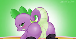 Size: 1390x720 | Tagged: explicit, artist:pyruvate, artist:reduxdrawer8k, spike, comic:dragon queen, anus, ass, balls, blushing, butt, clothes, dragon, dragonbutt, edit, femboy, foalcon, g4, gaping anus, girly, imported from derpibooru, legwear, male, nudity, penis, presenting, raised tail, solo, solo male, stage, stockings, the ass was fat, thigh highs
