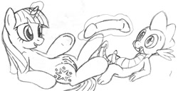Size: 1000x514 | Tagged: explicit, artist:tg-0, spike, twilight sparkle, crotchboobs, dildo, dragon, female, foalcon, g4, imminent anal insertion, imminent insertion, implied pegging, imported from derpibooru, interspecies, magic, male, monochrome, nipples, nudity, penis, pony, sex toy, ship:twispike, shipping, straight, unicorn, unicorn twilight
