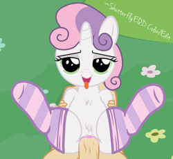 Size: 1476x1351 | Tagged: explicit, artist:an-tonio, artist:shutterflyeqd, sweetie belle, blushing, chest fluff, clothes, female, foalcon, fur, g4, human, human on pony action, human penis, human vulva, human vulva on pony, imported from derpibooru, interspecies, legwear, looking at you, male, male pov, nudity, offscreen character, penetration, penis, pony, pov, sexy, show accurate, show accurate porn, socks, straight, striped socks, thigh highs, vaginal, vulva, wet
