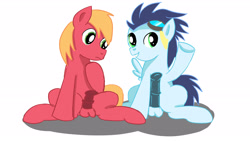 Size: 3628x2040 | Tagged: explicit, artist:jbond, big macintosh, colt, colt big macintosh, duo, duo male, earth pony, foal, foalcon, g4, grin, high res, imported from derpibooru, male, nudity, pegasus, penis, pony, sitting, soarin', spread legs, spreading, stallion, younger