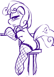 Size: 1152x1616 | Tagged: explicit, artist:florecentmoo, sweetie belle, clothes, female, fishnet stockings, foalcon, g4, imported from derpibooru, legwear, monochrome, nudity, sadisweetie, vulva