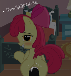 Size: 1756x1871 | Tagged: explicit, artist:an-tonio, artist:shutterflyeqd, apple bloom, anus, bedroom eyes, blushing, creampie, cum, female, filly, foal, foalcon, from behind, g4, imported from derpibooru, looking at you, looking back, male, nudity, penetration, penis, sex, show accurate, show accurate porn, smiling, straight, vaginal, vaginal creampie, wet