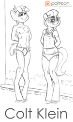 Size: 1000x1661 | Tagged: questionable, artist:smudge proof, silver spoon, anthro, arm behind back, breasts, calvin klein, cameltoe, catwalk, clothes, crotch bulge, delicious flat chest, exhibitionism, foalcon, g4, imported from derpibooru, monochrome, nipples, parody, partial nudity, patreon, patreon logo, ponified, pun, sketch, snails, topless, underwear, unguligrade anthro