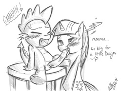 Size: 800x600 | Tagged: explicit, artist:starykrow, spike, twilight sparkle, blowjob, dragon, eyes closed, female, foalcon, g4, heart, imported from derpibooru, interspecies, male, monochrome, nudity, oral, penis, pony, ship:twispike, shipping, straight, unicorn, unicorn twilight