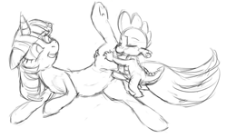 Size: 959x583 | Tagged: explicit, artist:buttercupsaiyan, spike, twilight sparkle, double the fun, dragon, eyes closed, female, foalcon, g4, imported from derpibooru, interspecies, male, monochrome, nudity, penis, ship:twispike, shipping, straight, straight shota, twilight is a foal fiddler