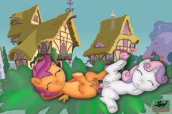 Size: 1280x853 | Tagged: explicit, artist:jbond, artist:laifpon, scootaloo, sweetie belle, collaboration, duo, duo female, eyes closed, female, filly, foal, foalcon, g4, imported from derpibooru, lesbian, lying down, nudity, pegasus, pony, ponyville, signature, spread legs, spreading, unicorn, vulva