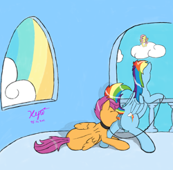 Size: 1993x1956 | Tagged: explicit, artist:xyi, fluttershy, rainbow dash, scootaloo, anatomically correct, anus, cloud, cloudy, collar, cunnilingus, dashdom, eyes closed, female, foalcon, g4, imported from derpibooru, leash, lesbian, mare on filly, nudity, oral, pet play, ponut, scootapet, scootasub, sex, ship:scootadash, shipping, vulva